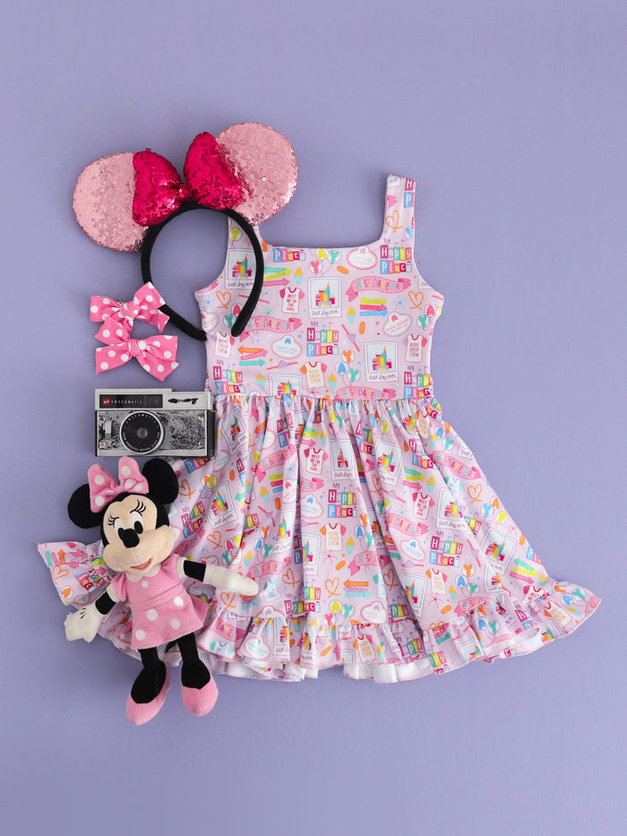 girls' purple best day ever sleeveless twirl dress styled with minnie mouse accessories for a day at the parks