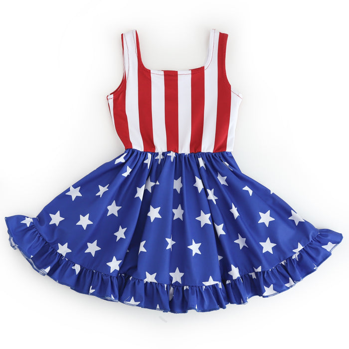 girls' American flag inspired sleeveless twirl dress with red and white stiped bodice and blue with white star skirt for fourth of July