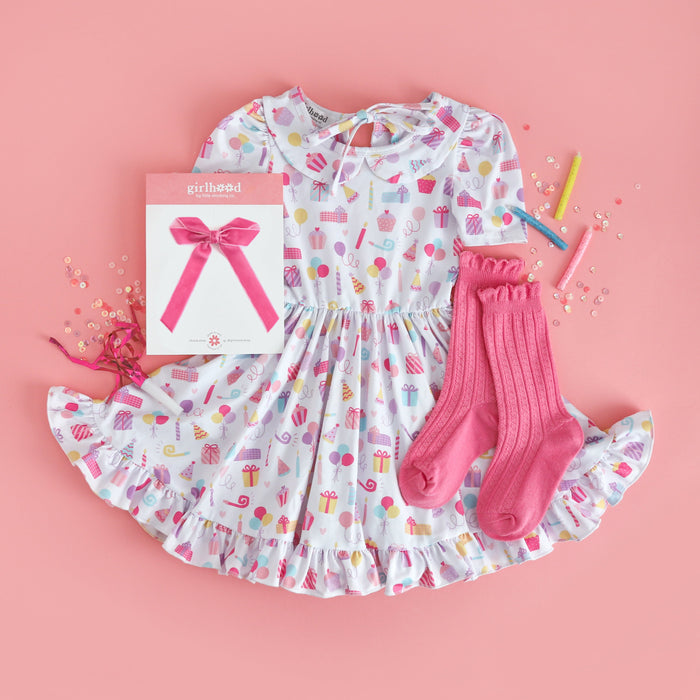 girls' white birthday print twirl dress with matching socks & bow
