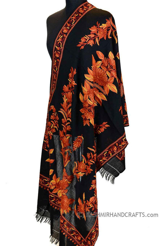 black rust floral kashmir shawl hand embroidered wrap - Kashmir Designs
