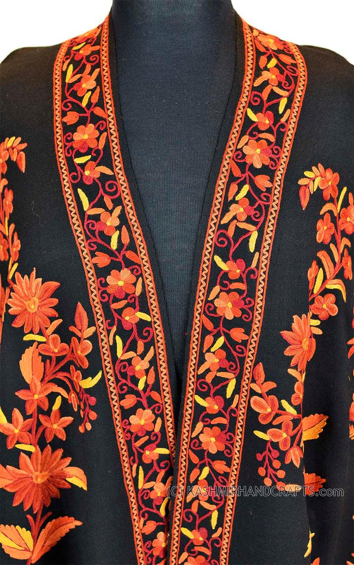 black rust floral kashmir shawl hand embroidered wrap - Kashmir Designs