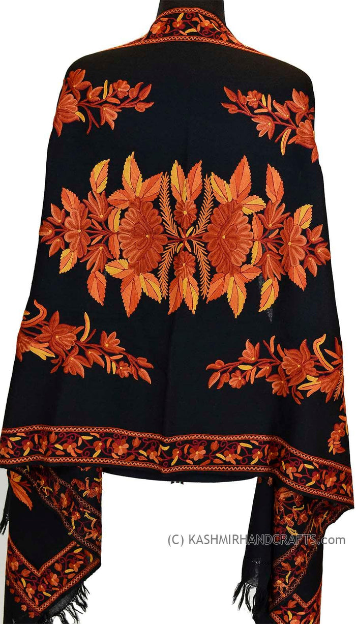 black rust floral kashmir shawl hand embroidered wrap - Kashmir Designs