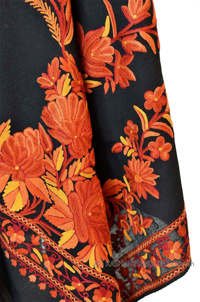 black rust floral kashmir shawl hand embroidered wrap - Kashmir Designs