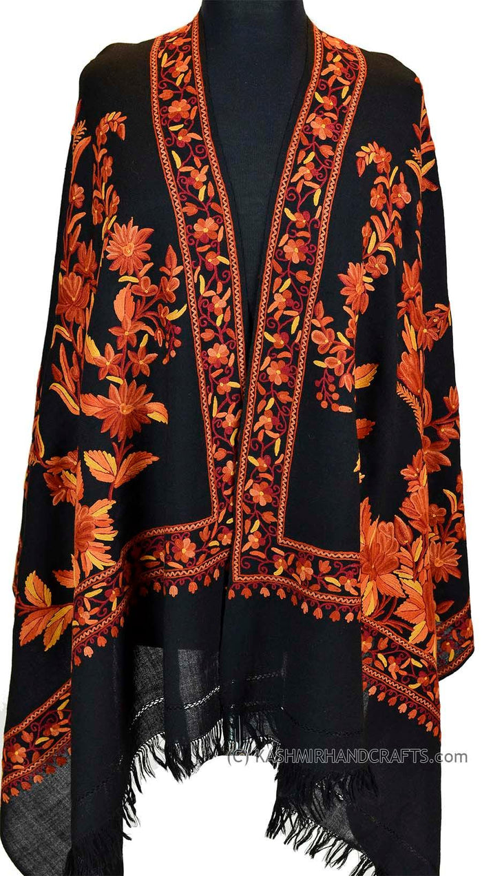 black rust floral kashmir shawl hand embroidered wrap - Kashmir Designs