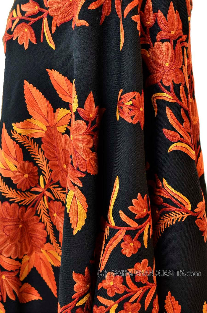 black rust floral kashmir shawl hand embroidered wrap - Kashmir Designs