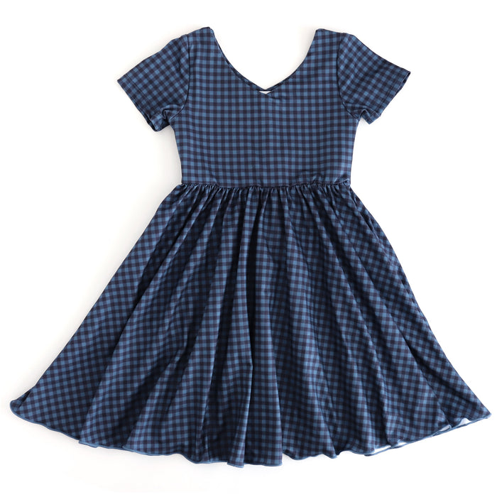 girls' v-neck short sleeve twirl dress with lettuce hem in fall blue and navy gingham print