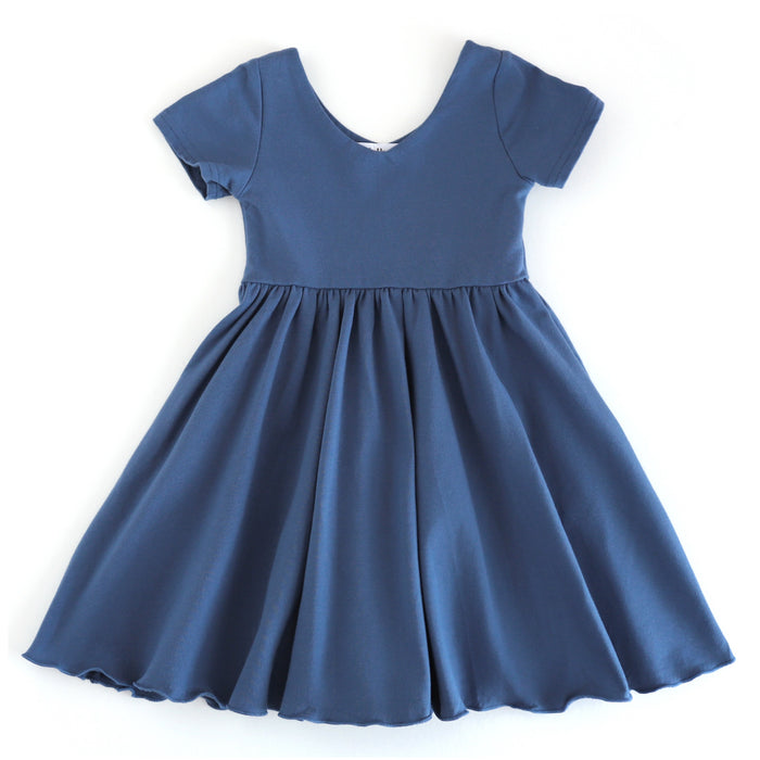 girls' blue cotton blend, v-neck, short sleeve twirl dress with lettuce hem for fall