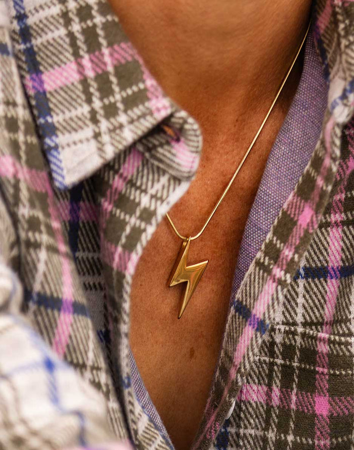 Bolt Necklace Gold extra-large gold lightning bolt pendant on sleek snake chain handmade by Marion McKee in California