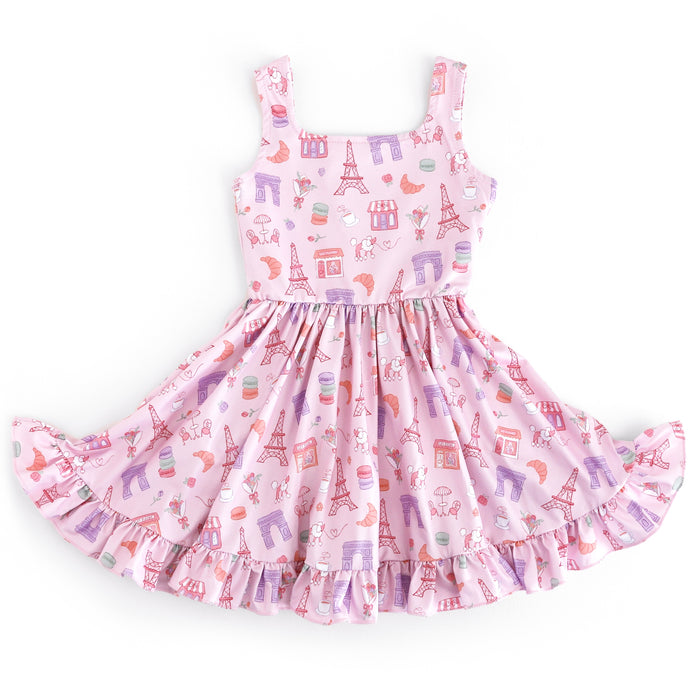 girls pink Paris print sleeveless summer twirl dress with square neckline