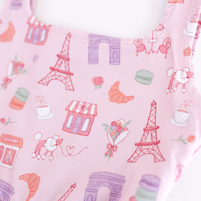 girls twirl dress with Paris print detail featuring French pastries, poodles and Eiffel tower