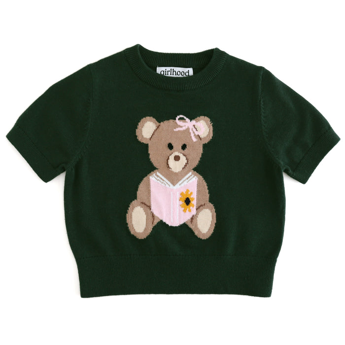 girls' deep green short sleeve sweater with book reading bear design for back to school