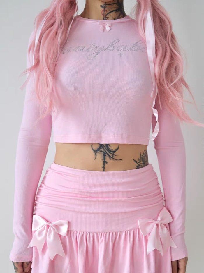 ♡ Bow Foil Print Knit Cotton Top ♡