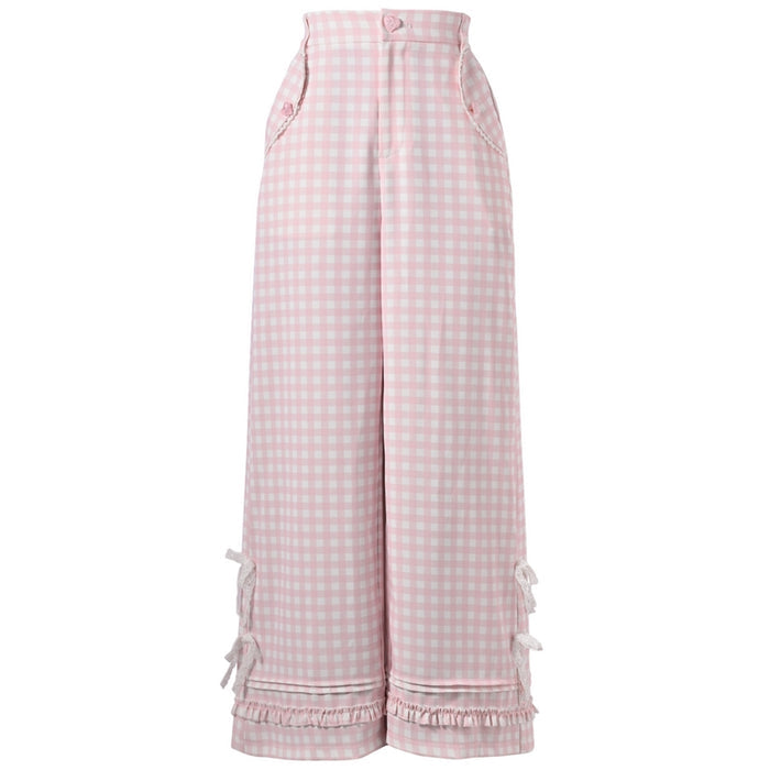Bowknot Lace Sweet Pink and White Plaid Wide-Leg Pants
