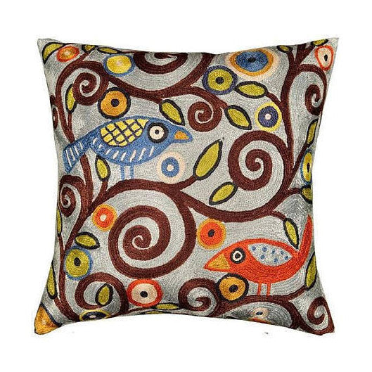 Branch Birds Karla Gerard Accent Pillow Cover Handembroidered Art Silk 18"x18" - KashmirDesigns
