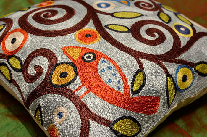Branch Birds Karla Gerard Accent Pillow Cover Handembroidered Art Silk 18"x18" - KashmirDesigns