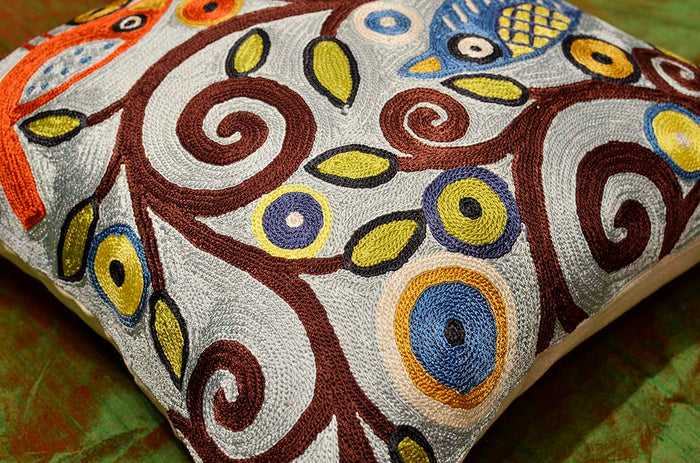 Branch Birds Karla Gerard Accent Pillow Cover Handembroidered Art Silk 18"x18" - KashmirDesigns