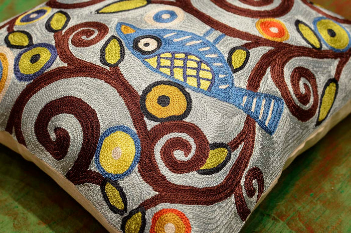 Branch Birds Karla Gerard Accent Pillow Cover Handembroidered Art Silk 18"x18" - KashmirDesigns