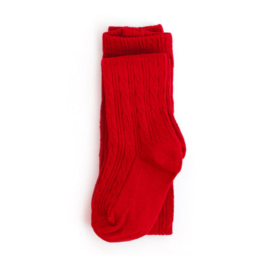 bright red cable knit tights for babies, toddlers and girls on white background