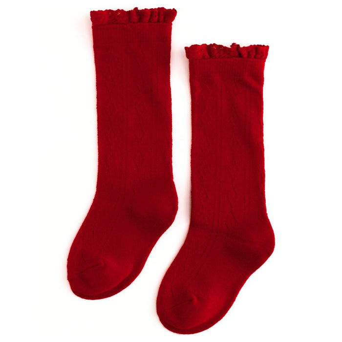 girls bright red pointelle knit knee high socks with lace trim