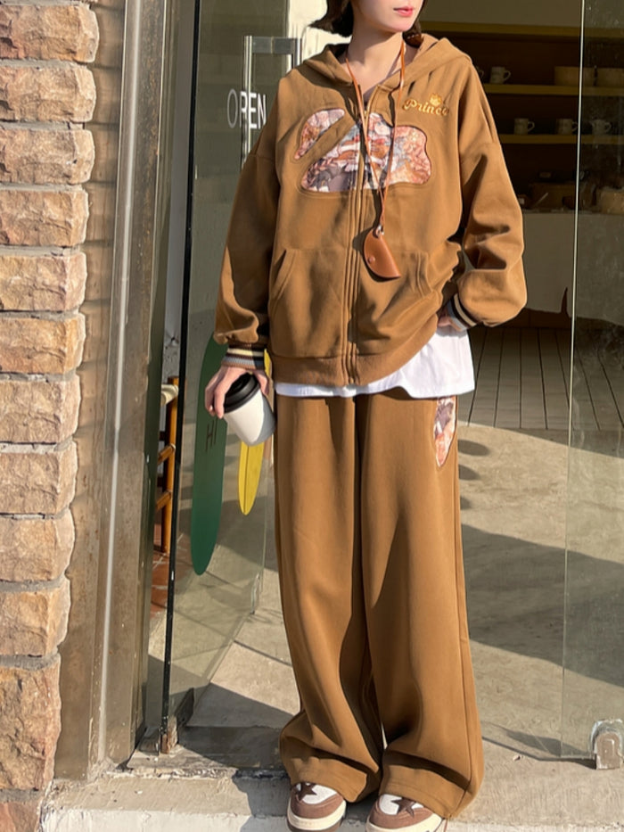 Brown High-Waisted Cartoon Print Casual Pants