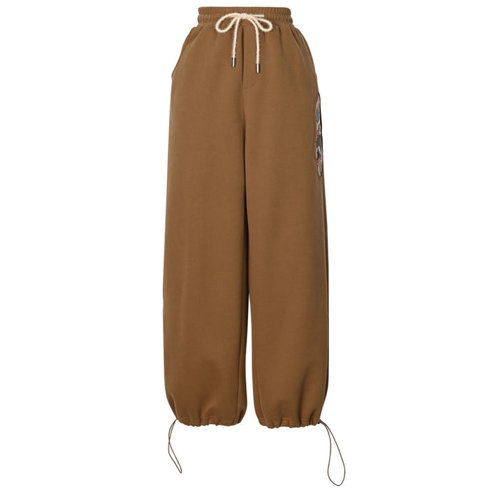 Brown High-Waisted Cartoon Print Casual Pants
