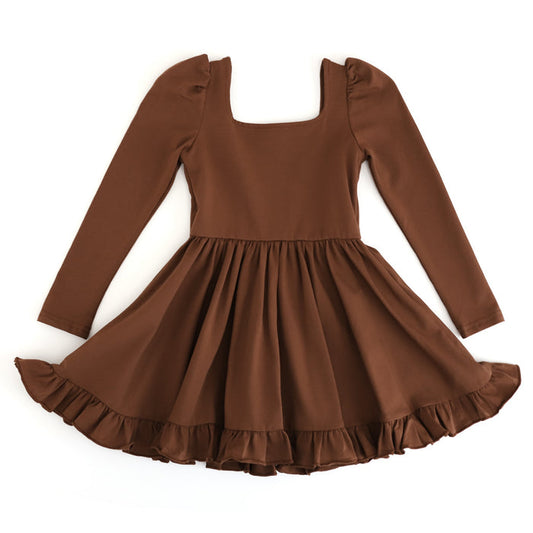 girls long sleeve cotton blend square neck twirl dress with ruffle trim in shade of rich brown for fall