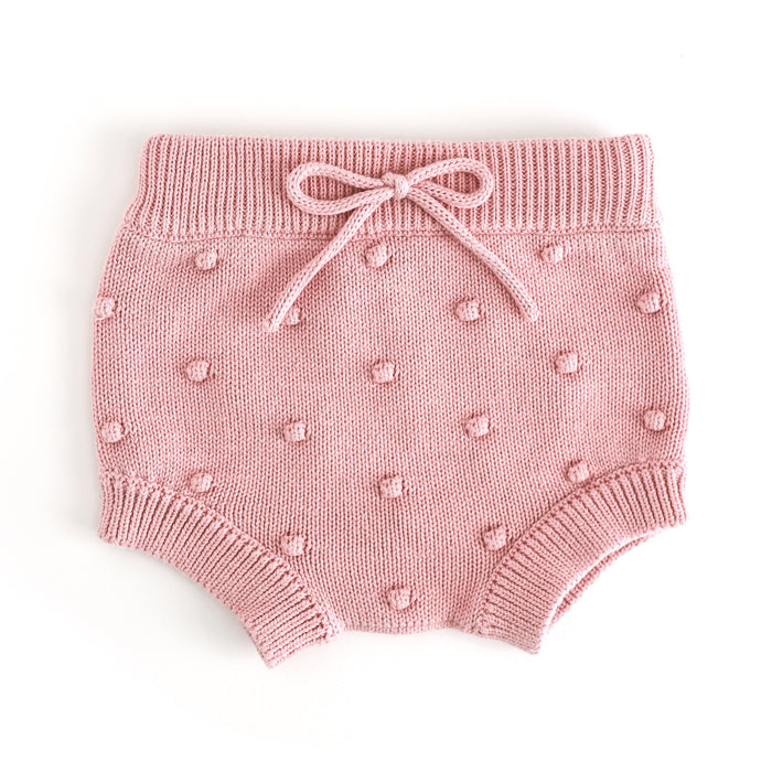 girl's light fall pink baby knit bloomers with faux tie at the waist and 3D bubble texture