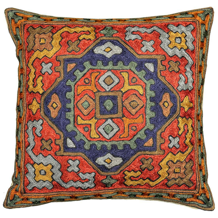 burdock tribal cushion cover silk hand embroidered 16 x 16 - Kashmir Designs