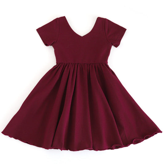 girls' solid burgundy cotton blend twirl dress with v-shaped neckline and lettuce trim skirt