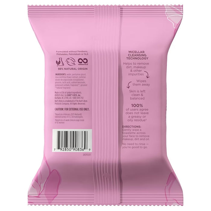Burt's Bees Micellar Facial Cleansing Towelettes with Rose Water - 30 Ct - 12 Pack