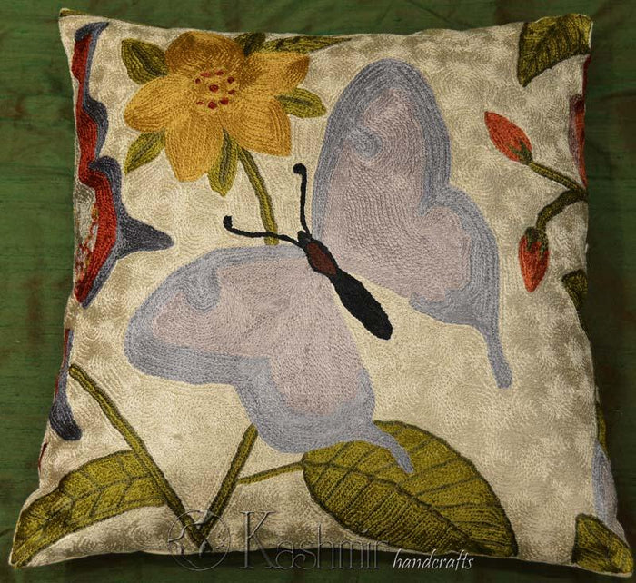 butterfly chainstitch accent cushion cover art silk 18x18" - Kashmir Designs