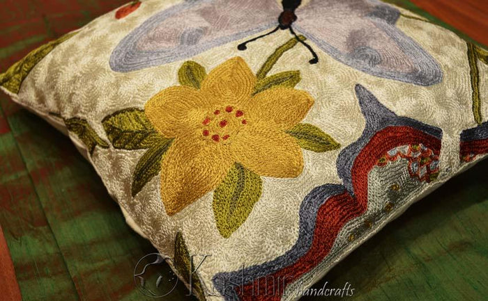 butterfly chainstitch accent cushion cover art silk 18x18" - Kashmir Designs