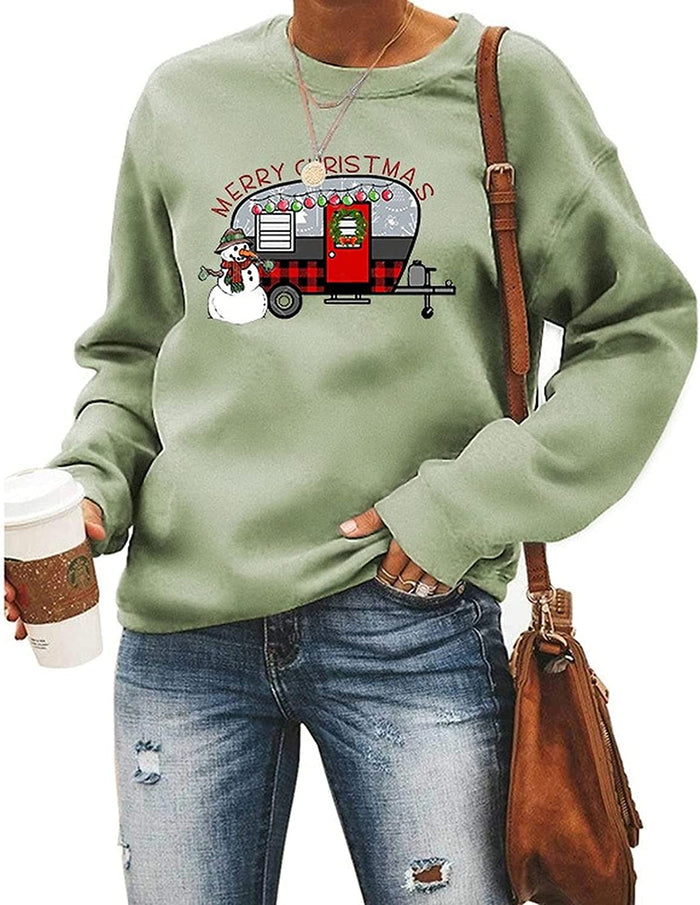 Camper Christmas Shirt Women Merry Christmas Buffalo Plaid Leopard Camper Snowman Sweatshirt