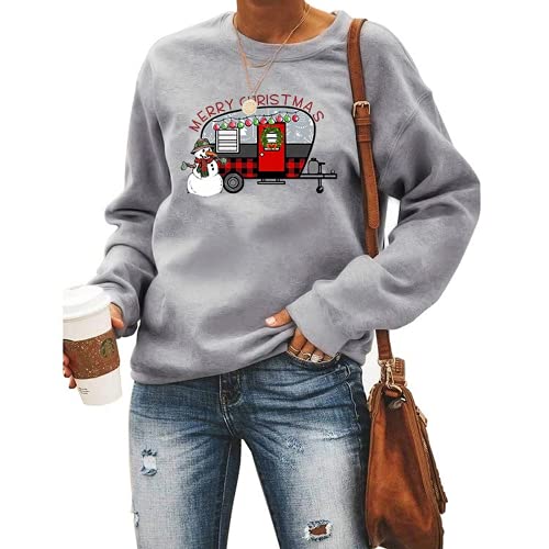 Camper Christmas Shirt Women Merry Christmas Buffalo Plaid Leopard Camper Snowman Sweatshirt