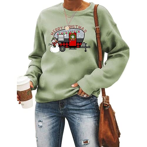 Camper Christmas Shirt Women Merry Christmas Buffalo Plaid Leopard Camper Snowman Sweatshirt