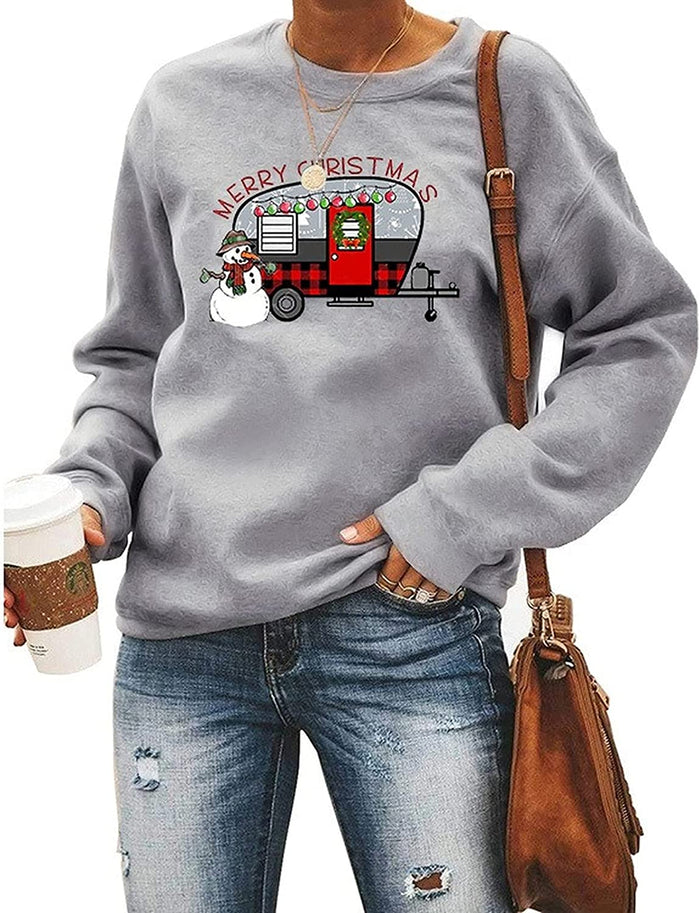 Camper Christmas Shirt Women Merry Christmas Buffalo Plaid Leopard Camper Snowman Sweatshirt