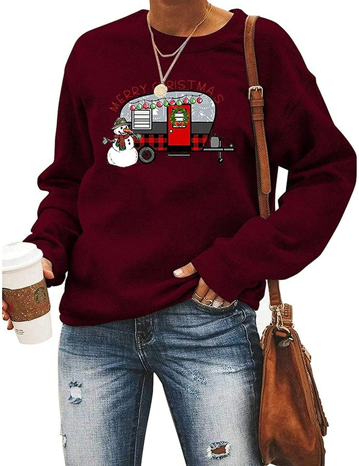 Camper Christmas Shirt Women Merry Christmas Buffalo Plaid Leopard Camper Snowman Sweatshirt
