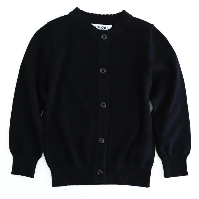 black cotton knit cardigan with scalloped trim and buttons down the front to pair with Halloween outfits