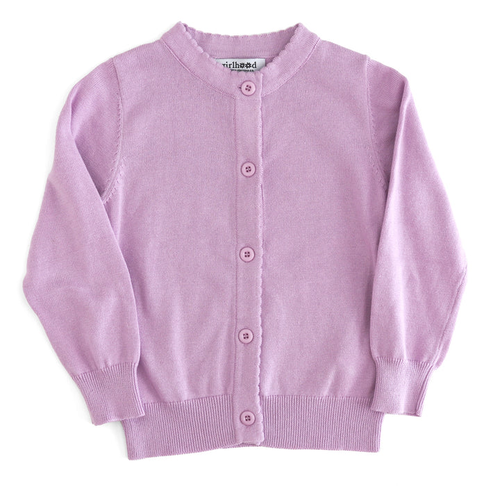 girls' light purple cotton knit cardigan with button front and scalloped trim