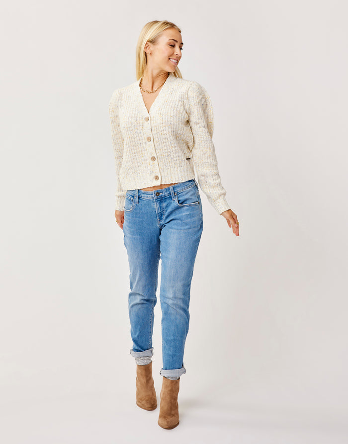 Carson Jean Blue Tide mid rise denim boyfriend fit with cuffed and raw hem options