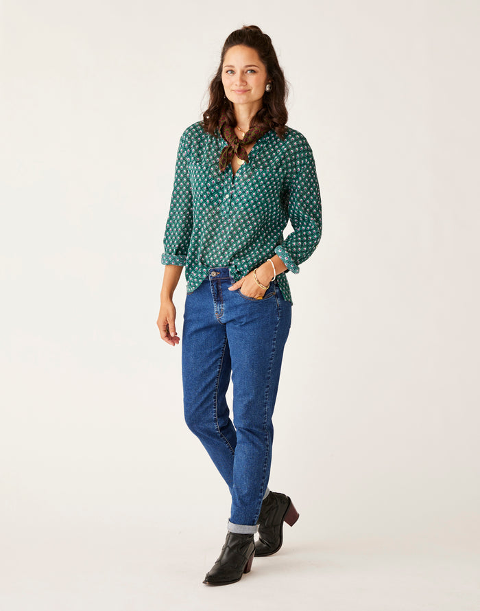 Carson Jean Lakeshore mid-rise relaxed boyfriend denim with raw hem and cuffed styling