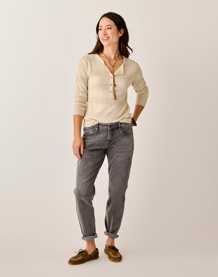 Carson Jean Medium Grey mid rise boyfriend-fit denim with raw hem and cuffed option front scoop pockets slight stretch