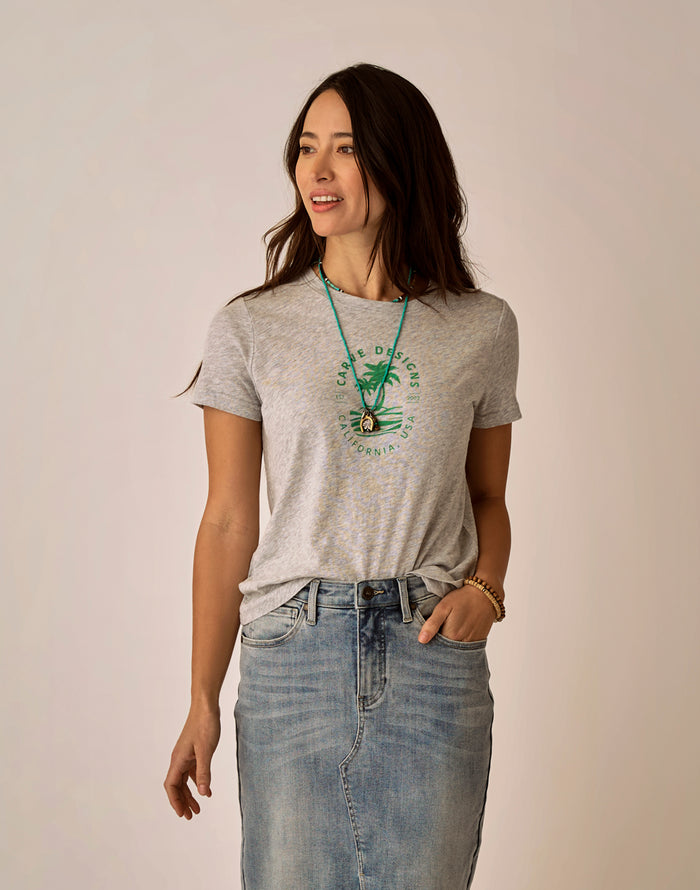 Cassidy Graphic Tee: Heather Grey Palm