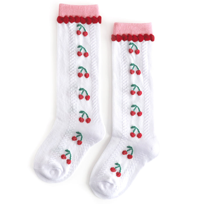 girls' white knee high socks with pink and red trim and cherry design