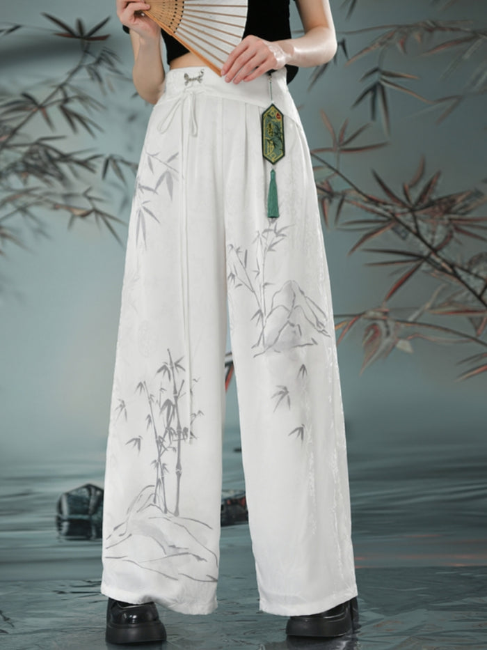 Chinese Style Traditional Floral High-Waisted White Casual Pants
