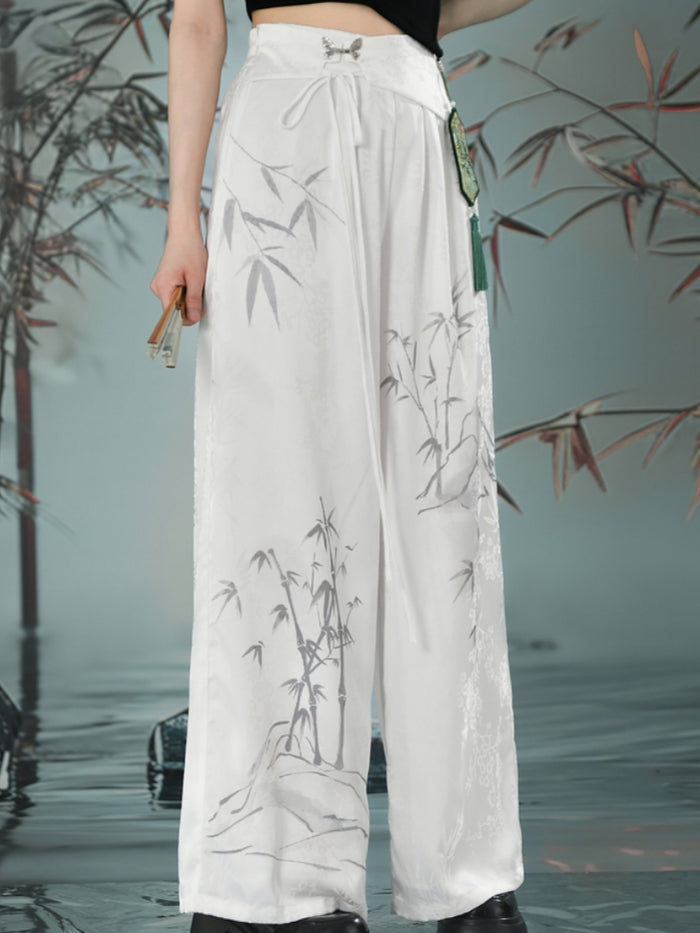 Chinese Style Traditional Floral High-Waisted White Casual Pants