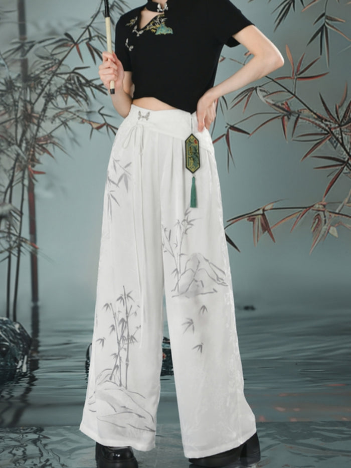 Chinese Style Traditional Floral High-Waisted White Casual Pants