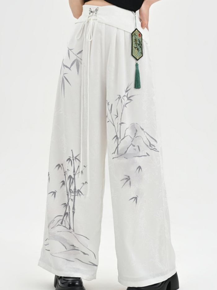 Chinese Style Traditional Floral High-Waisted White Casual Pants