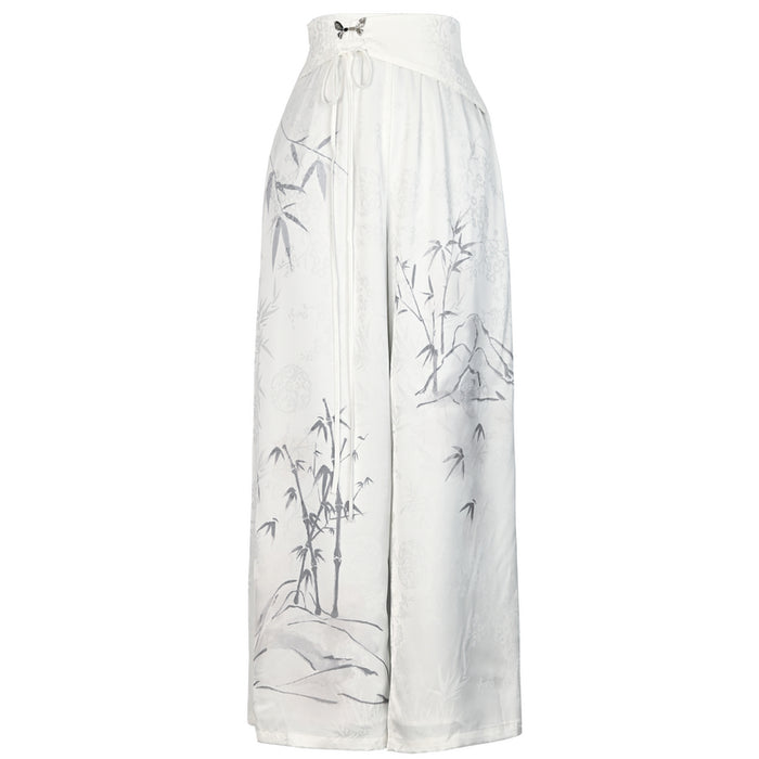 Chinese Style Traditional Floral High-Waisted White Casual Pants