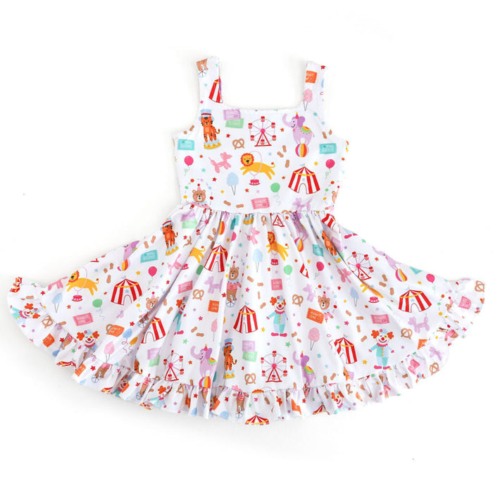 girls' colorful circus themed sleeveless twirl dress on white featuring iconic circus characters and treats